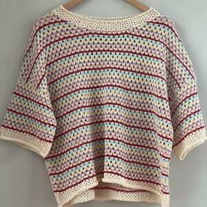 Multicolor Striped‎ Women's Netted Crochet Sweater Knit Top Crewneck Size Large